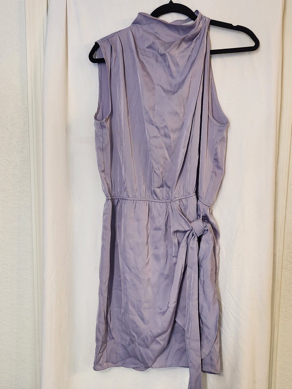 Sleeveless Light Purple Asymmetrical Tie-Waist Knot Silky High Neck Mini Dress L